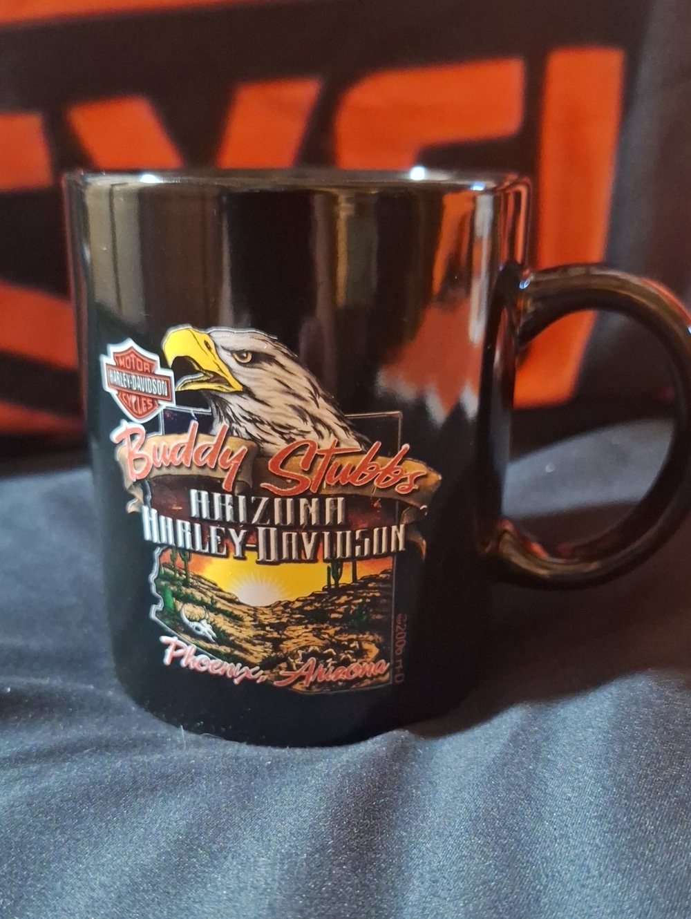 Vintage Harley-Davidson Buddy Stubbs Arizona Black Mug Eagle and Sunset Graphic